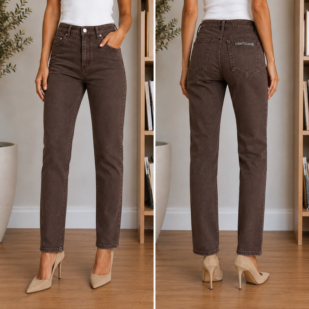 Roberto Cavalli Womens Brown Straight Leg Jeans Rhinestone Logo High Rise 27